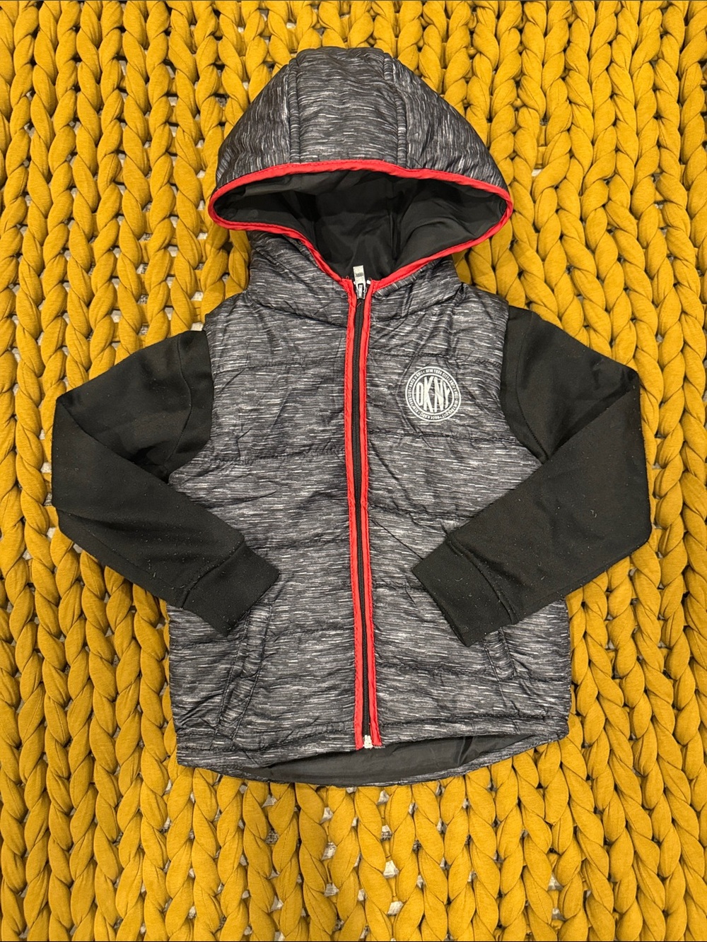 DKNY Boys Gray Quilted Hooded Jacket with Black Sleeves and Red Trim - Size 5